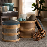 Baxton Studio Caleb Modern and Contemporary Glam Grey Fabric and Blue Alligator Faux Leather Upholstered 2-Piece Wood and Metal Storage Ottoman Set