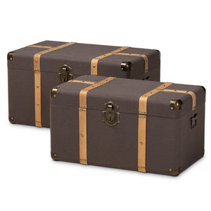 Baxton Studio Stephen Modern and Contemporary Transitional Dark Brown Fabric Upholstered and Oak Brown Finished 2-Piece Storage Trunk Set