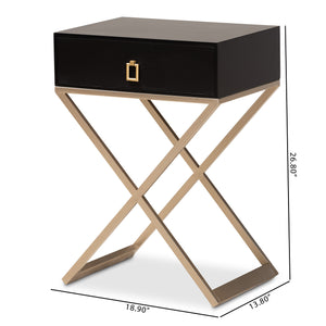 Baxton Studio Patricia Modern and Contemporary Black Finished Wood and Brass-Tone Metal 1-Drawer Nightstand
