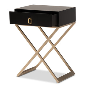 Baxton Studio Patricia Modern and Contemporary Black Finished Wood and Brass-Tone Metal 1-Drawer Nightstand