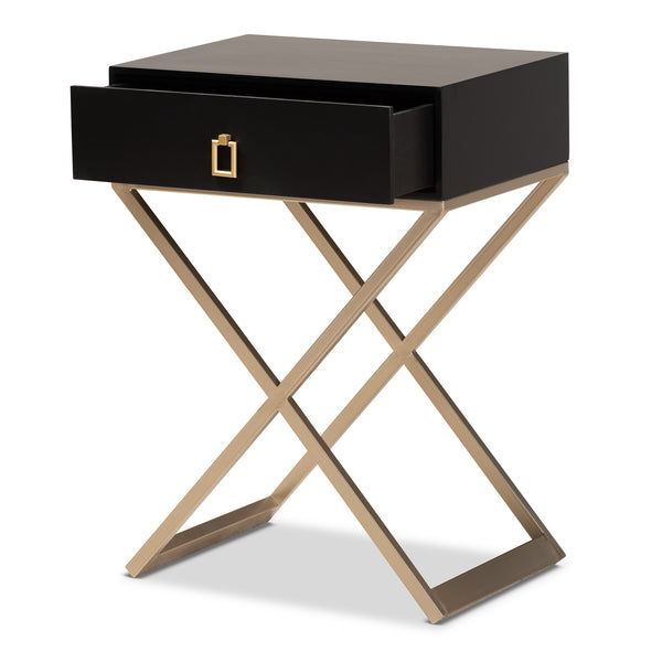 Baxton Studio Patricia Modern and Contemporary Black Finished Wood and Brass-Tone Metal 1-Drawer Nightstand