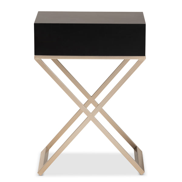 Baxton Studio Patricia Modern and Contemporary Black Finished Wood and Brass-Tone Metal 1-Drawer Nightstand