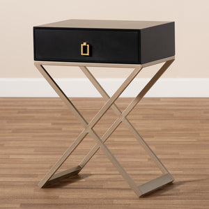 Baxton Studio Patricia Modern and Contemporary Black Finished Wood and Brass-Tone Metal 1-Drawer Nightstand