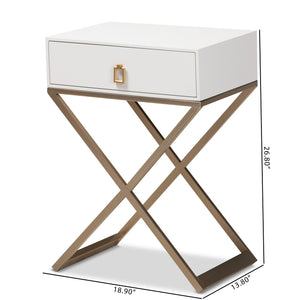 Baxton Studio Patricia Modern and Contemporary White Finished Wood and Brass-Tone Metal 1-Drawer Nightstand