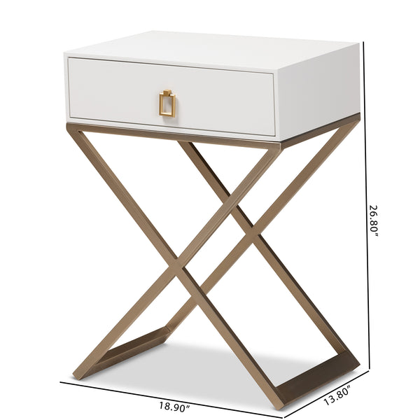 Baxton Studio Patricia Modern and Contemporary White Finished Wood and Brass-Tone Metal 1-Drawer Nightstand