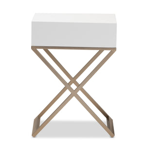 Baxton Studio Patricia Modern and Contemporary White Finished Wood and Brass-Tone Metal 1-Drawer Nightstand