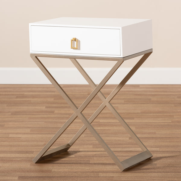 Baxton Studio Patricia Modern and Contemporary White Finished Wood and Brass-Tone Metal 1-Drawer Nightstand