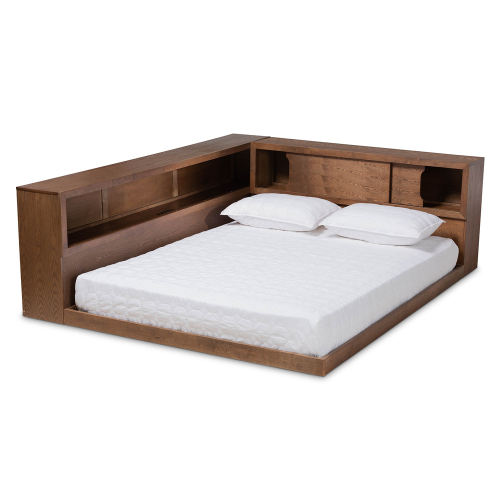Baxton Studio Erie Modern Rustic and Transitional Walnut Brown Finished Wood Queen Size Platform Storage Bed with Built-In Outlet