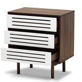 Baxton Studio Meike Mid-Century Modern Two-Tone Walnut Brown and White Finished Wood 3-Drawer Nightstand