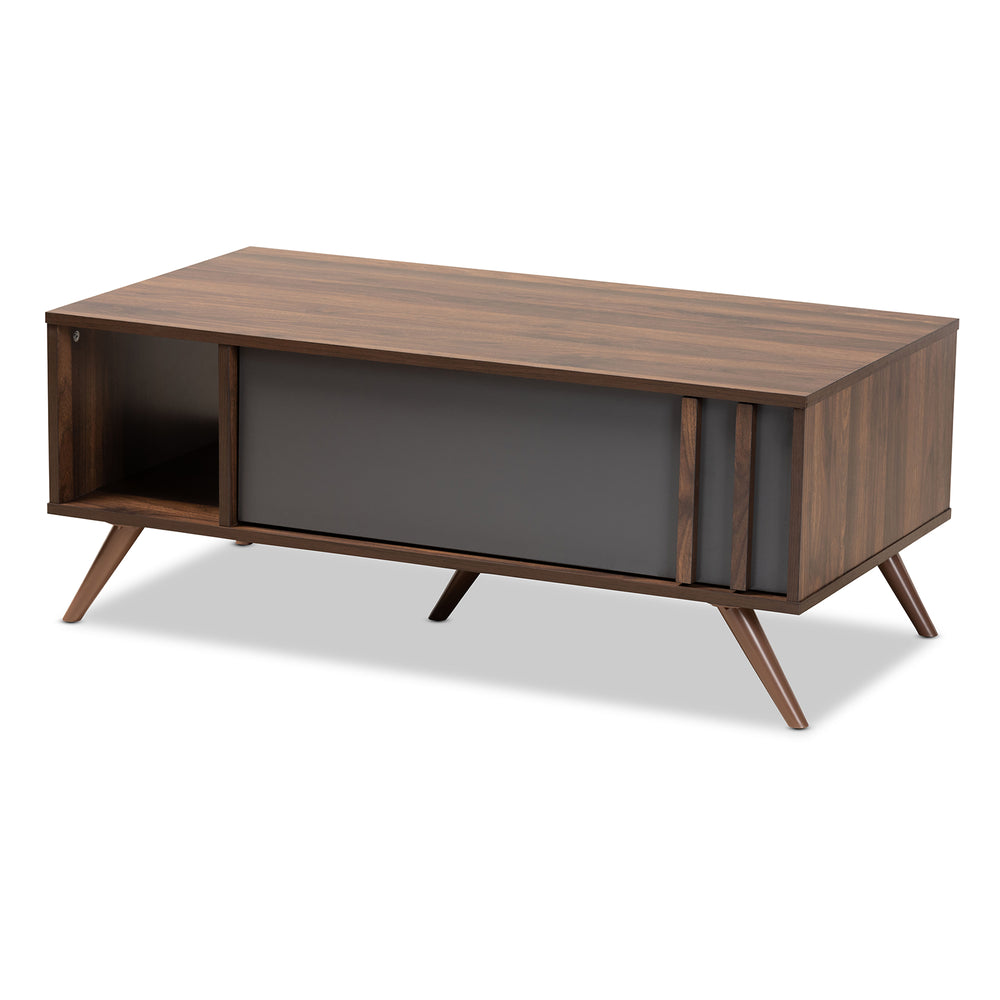 Naoki Modern and Contemporary Two-Tone Grey and Walnut Finished Wood 1-Drawer Coffee Table