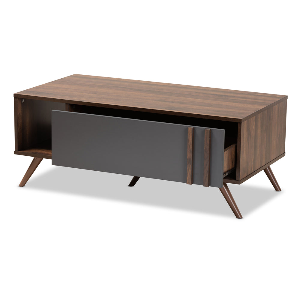 Naoki Modern and Contemporary Two-Tone Grey and Walnut Finished Wood 1-Drawer Coffee Table