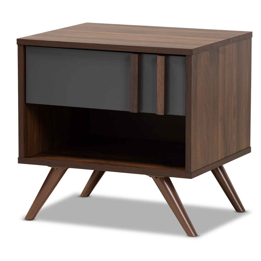 Naoki Modern and Contemporary Two-Tone Grey and Walnut Finished Wood 1-Drawer Nightstand