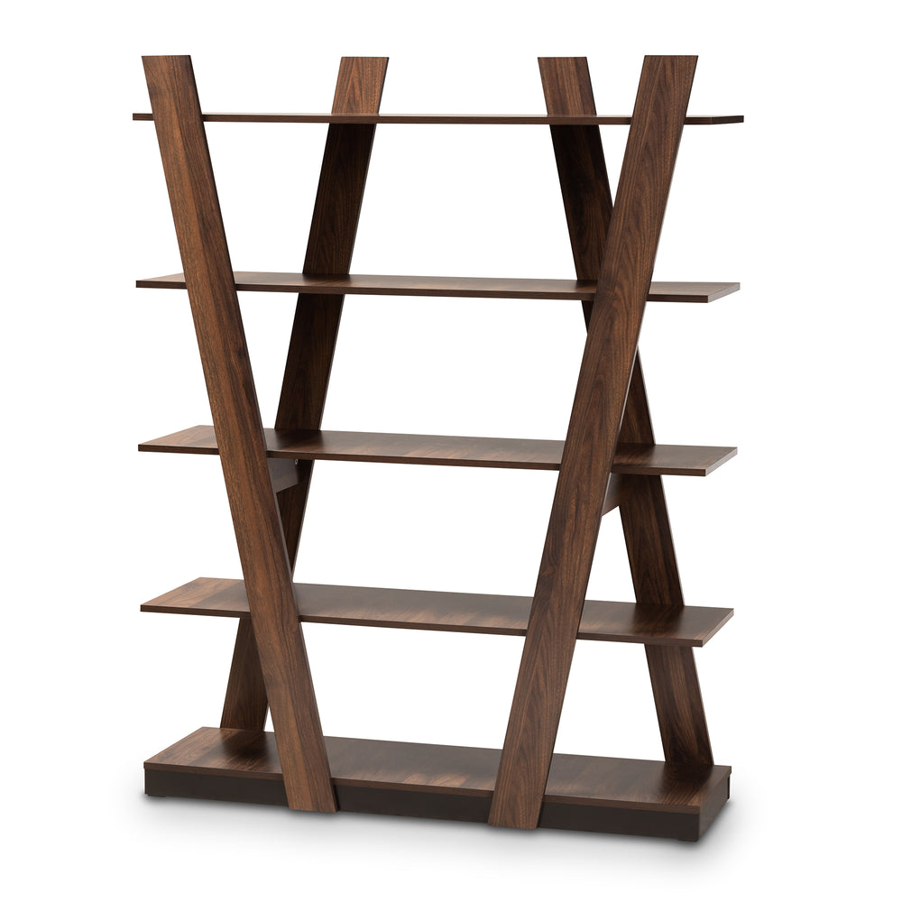 Michio Modern and Contemporary Walnut Brown Finished 5-Tier Wood Geometric Living Room Display Shelf