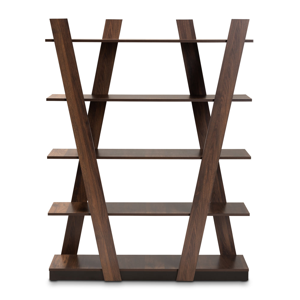 Michio Modern and Contemporary Walnut Brown Finished 5-Tier Wood Geometric Living Room Display Shelf