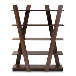 Michio Modern and Contemporary Walnut Brown Finished 5-Tier Wood Geometric Living Room Display Shelf
