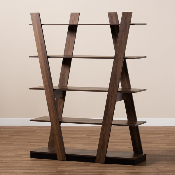 Michio Modern and Contemporary Walnut Brown Finished 5-Tier Wood Geometric Living Room Display Shelf