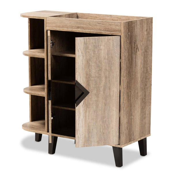 Wales Modern and Contemporary Rustic Oak Finished Wood 2-Door Shoe Storage Cabinet with Open Shelves