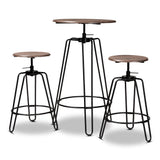 Veera Vintage Industrial Rustic Walnut Finished Wood and Black Metal 3-Piece Height Adjustable Bar Pub Set