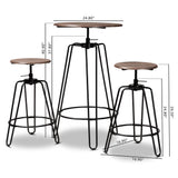 Baxton Studio Veera Vintage Industrial Rustic Walnut Finished Wood and Black Metal 3-Piece Height Adjustable Bar Pub Set