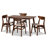 Orion Mid-Century Modern Transitional Light Beige Fabric Upholstered and Walnut Brown Finished Wood 5-Piece Dining Set