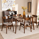 Baxton Studio Orion Mid-Century Modern Transitional Light Beige Fabric Upholstered and Walnut Brown Finished Wood 5-Piece Dining Set