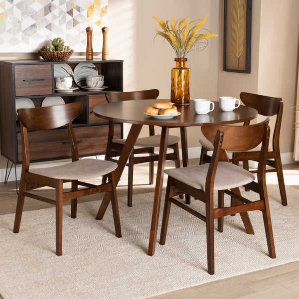 Baxton Studio Philip Mid-Century Modern Transitional Light Beige Fabric Upholstered and Walnut Brown Finished Wood 5-Piece Dining Set