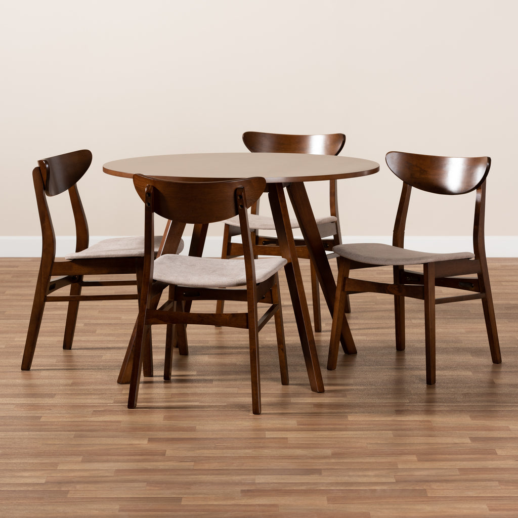 Baxton Studio Philip Mid-Century Modern Transitional Light Beige Fabric Upholstered and Walnut Brown Finished Wood 5-Piece Dining Set