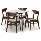 Paras Mid-Century Modern Transitional Fabric Upholstered and Walnut Brown Finished Wood 5-Piece Dining Set with Faux Marble Dining Table