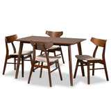 Lois Mid-Century Modern Transitional Light Beige Fabric Upholstered and Walnut Brown Finished Wood 5-Piece Dining Set