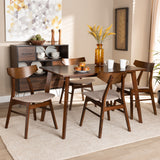 Baxton Studio Lois Mid-Century Modern Transitional Light Beige Fabric Upholstered and Walnut Brown Finished Wood 5-Piece Dining Set