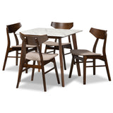 Pearson Mid-Century Modern Transitional Fabric Upholstered and Walnut Brown Finished Wood 5-Piece Dining Set with Faux Marble Table