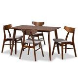 Lois Mid-Century Modern Transitional Light Grey Fabric Upholstered and Walnut Brown Finished Wood 5-Piece Dining Set