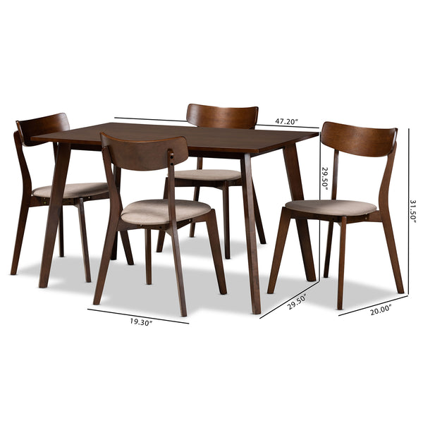 Nori Mid-Century Modern Transitional Light Beige Fabric Upholstered and Walnut Brown Finished Wood 5-Piece Dining Set