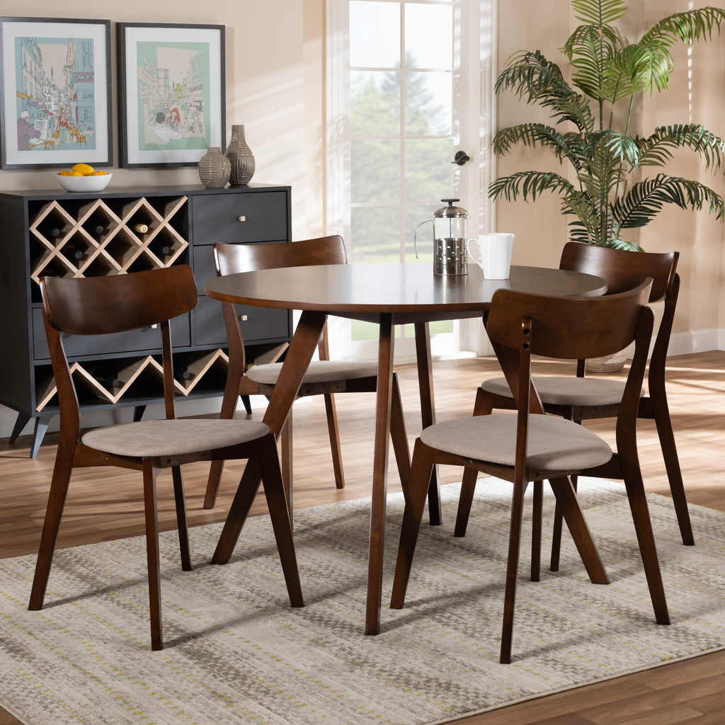 Rika Mid-Century Modern Transitional Light Beige Fabric Upholstered and Walnut Brown Finished Wood 5-Piece Dining Set