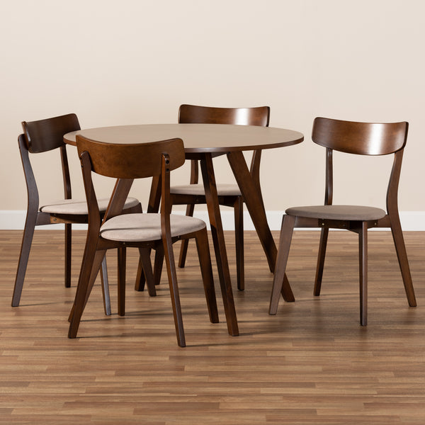 Rika Mid-Century Modern Transitional Light Beige Fabric Upholstered and Walnut Brown Finished Wood 5-Piece Dining Set