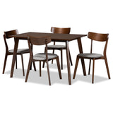 Nori Mid-Century Modern Transitional Light Grey Fabric Upholstered and Walnut Brown Finished Wood 5-Piece Dining Set