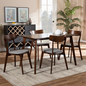 Nori Mid-Century Modern Transitional Light Grey Fabric Upholstered and Walnut Brown Finished Wood 5-Piece Dining Set