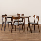 Nori Mid-Century Modern Transitional Light Grey Fabric Upholstered and Walnut Brown Finished Wood 5-Piece Dining Set