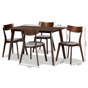 Nori Mid-Century Modern Transitional Light Grey Fabric Upholstered and Walnut Brown Finished Wood 5-Piece Dining Set