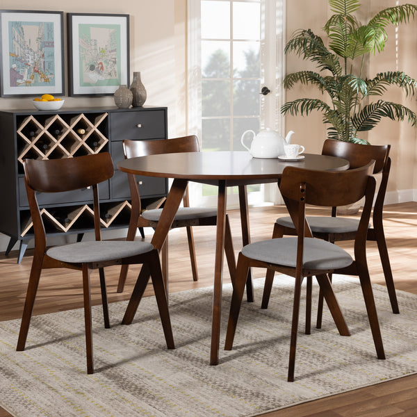 Rika Mid-Century Modern Transitional Light Grey Fabric Upholstered and Walnut Brown Finished Wood 5-Piece Dining Set