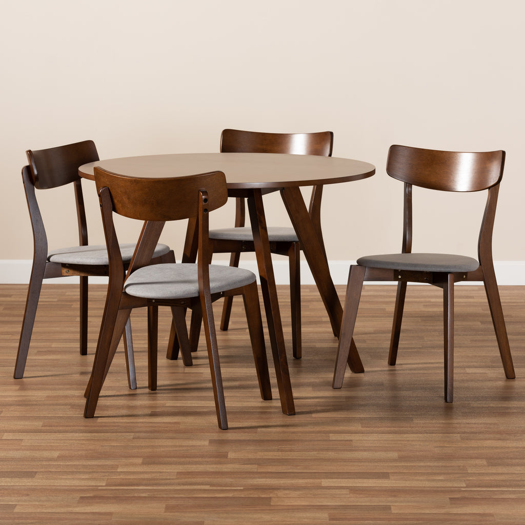 Rika Mid-Century Modern Transitional Light Grey Fabric Upholstered and Walnut Brown Finished Wood 5-Piece Dining Set