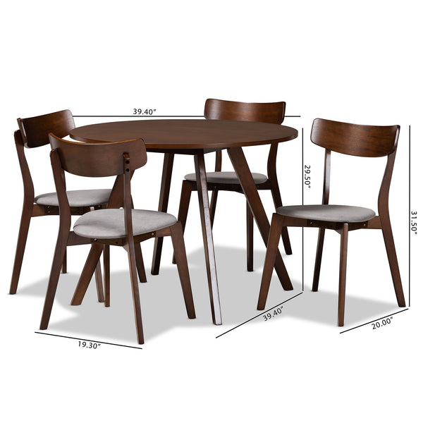 Rika Mid-Century Modern Transitional Light Grey Fabric Upholstered and Walnut Brown Finished Wood 5-Piece Dining Set
