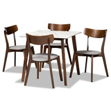 Reba Mid-Century Modern Light Grey Fabric Upholstered and Walnut Brown Finished Wood 5-Piece Dining Set with Faux Marble Dining Table