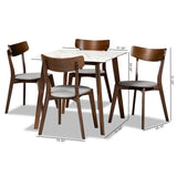 Reba Mid-Century Modern Light Grey Fabric Upholstered and Walnut Brown Finished Wood 5-Piece Dining Set with Faux Marble Dining Table