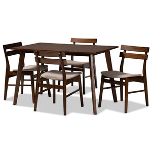 Eleri Mid-Century Modern Transitional Light Beige Fabric Upholstered and Walnut Brown Finished Wood 5-Piece Dining Set