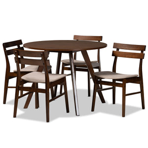 Eiko Mid-Century Modern Transitional Light Beige Fabric Upholstered and Walnut Brown Finished Wood 5-Piece Dining Set