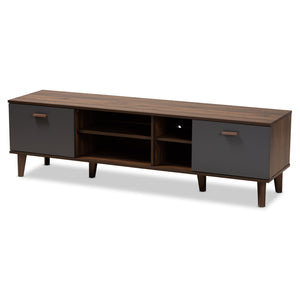 Baxton Studio Moina Mid-Century Modern Two-Tone Walnut Brown and Grey Finished Wood TV Stand