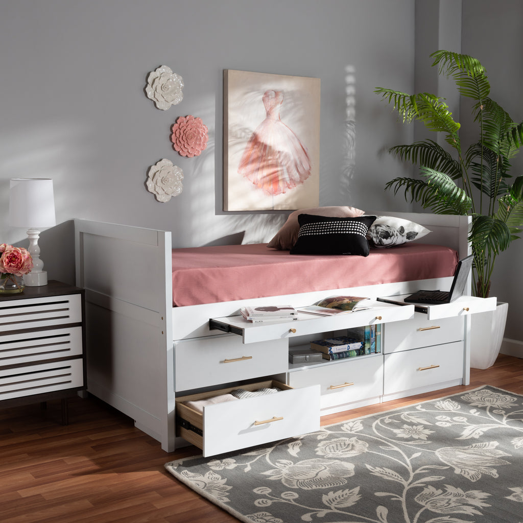 Baxton Studio Mirza Modern and Contemporary White Finished Wood 5-Drawer Twin Size Storage Bed with Pull-Out Desk