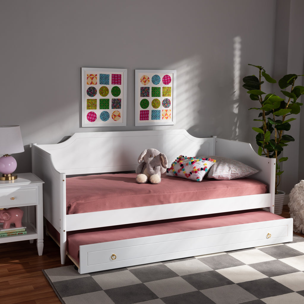 Alya Classic Traditional Farmhouse White Finished Wood Twin Size Daybed with Roll-Out Trundle Bed