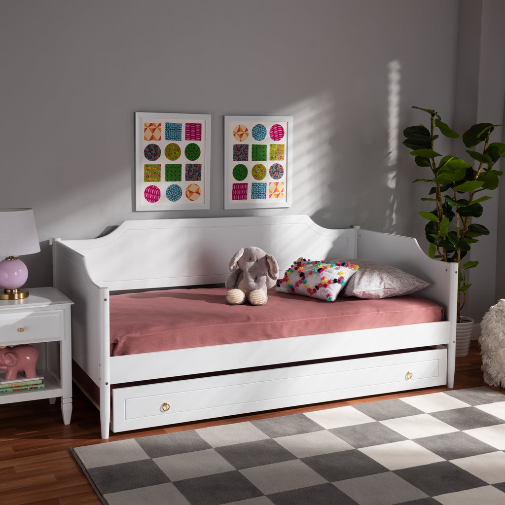 Alya Classic Traditional Farmhouse White Finished Wood Twin Size Daybed with Roll-Out Trundle Bed